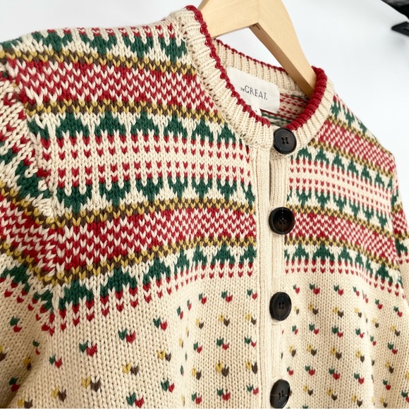 The Great. Vintage Ornament Button Down Cardigan in Cream Green and Red Size 0 - Picture 10 of 15